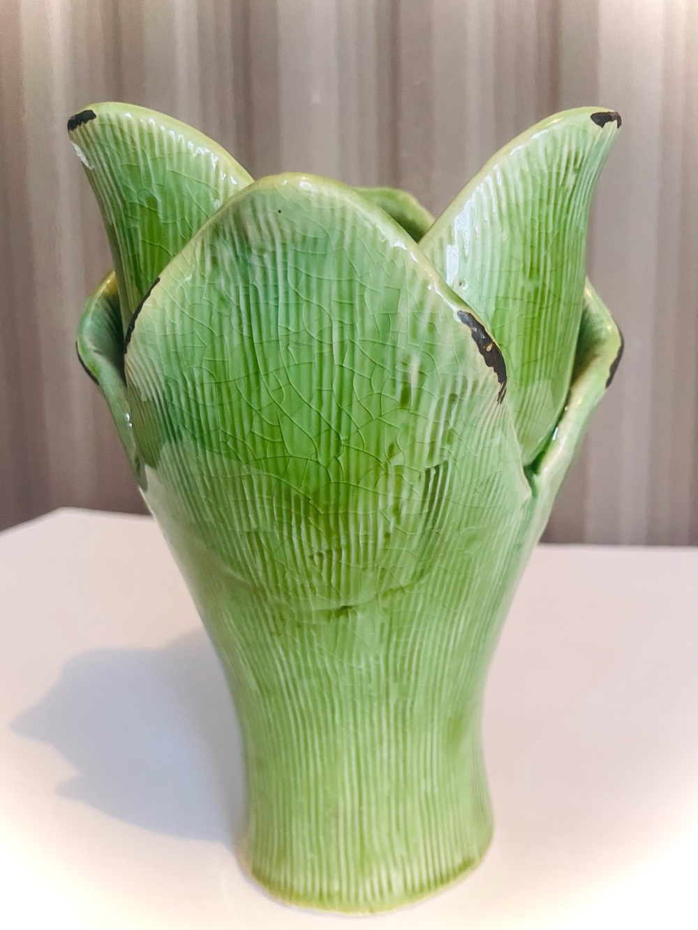 RARE Green Cabbage Leaf Asparagus Porcelain Flower Vase Majolica Style 7-1/2” - Picture 2 of 9